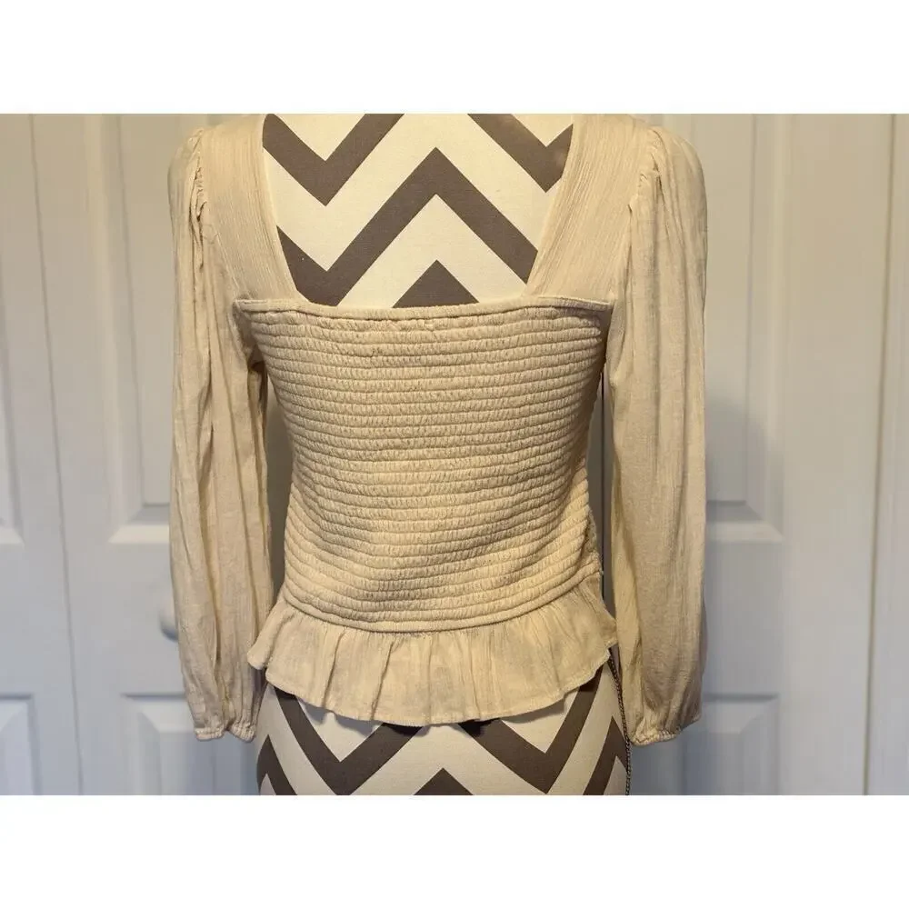 American Eagle Women Small Crop Top Beige Boho Crochet Crinkled Stretch